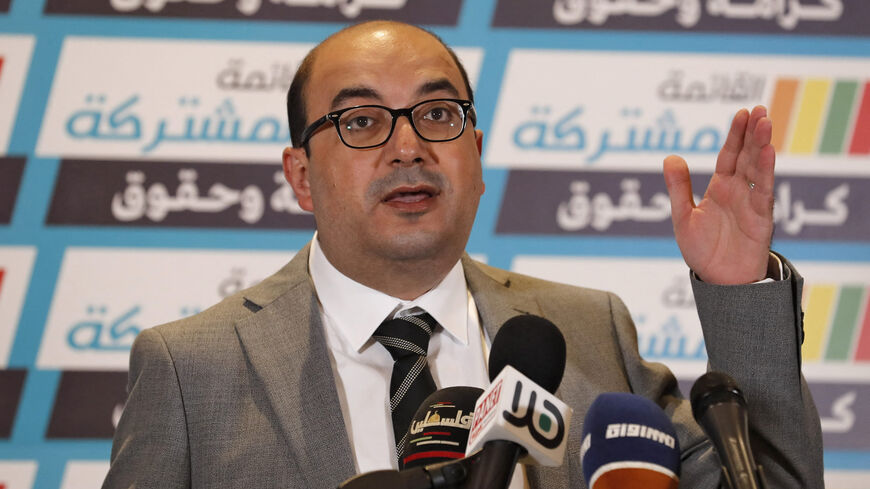 Sami Abu Shehadeh, a member of the Knesset for the Joint List and leader of the Balad party, speaks during a press conference to announce the launch of the party's election campaign, Nazareth, Israel, Feb. 20, 2021. 