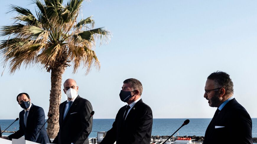 Press conference after meeting in the western Cypriot city of Paphos, on April 16, 2021.