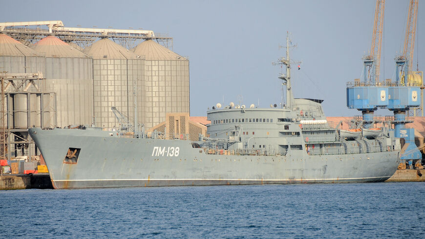 This picture taken on May 2, 2021, shows a view of the Amur-class Russian navy repair ship PM-138 docked at the port of the Sudanese city of Port Sudan. 