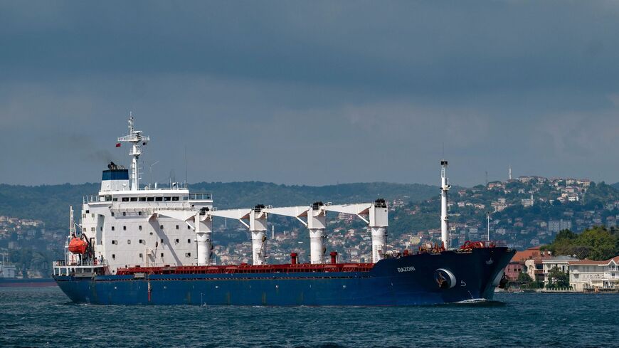 Sierra Leone-flagged cargo vessel Razoni sails along the Bosporus past Istanbul on Aug. 3, 2022, after being officially inspected.