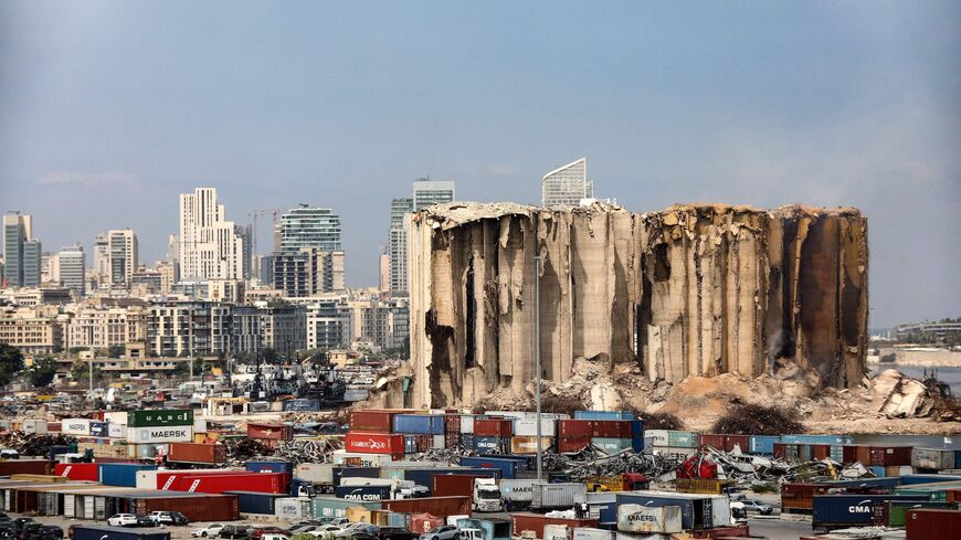 A picture shows the damaged grain silos at the port of Beirut.
