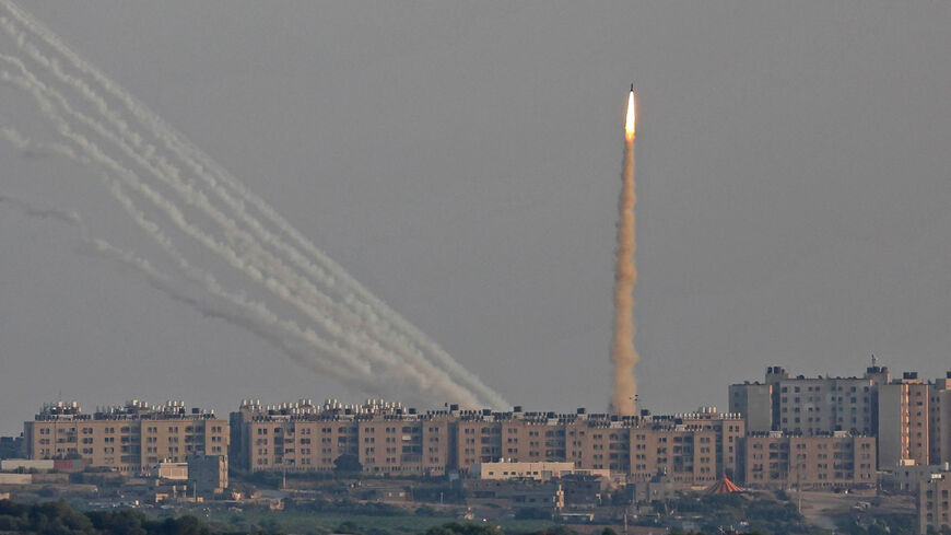 This picture taken from the southern Israeli city of Ashkelon shows Palestinian rockets fired from the Gaza Strip, Aug. 7, 2022.