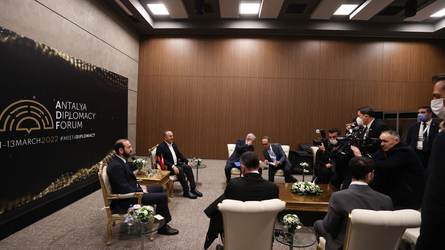 Turkish Foreign Minister Mevlut Cavusoglu meets with his Armenian counterpart, Ararat Mirzoyan.