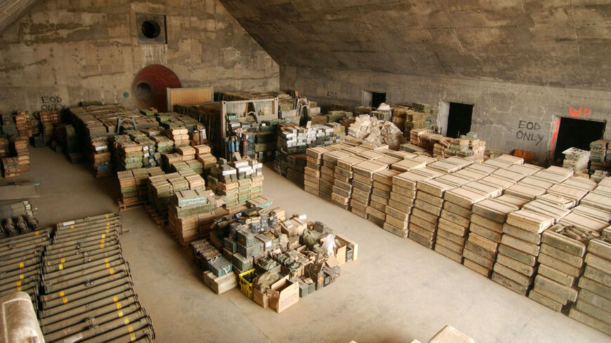 In this handout photo, a munitions storage area at Baghdad International Airport is seen on May 7, 2003, in Baghdad, Iraq. 