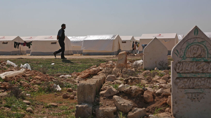 A Syrian man walks past graves at a camp for displaced Syrians from the former rebel bastion of Douma, in al-Bil, east of the rebel-held town of Azaz, Syria, April 13, 2018.