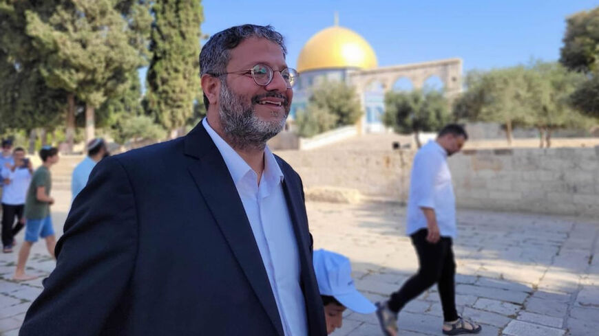 Ultra-nationalist Knesset member Itamar Ben-Gvir arrives at the Temple Mount on Tisha B'Av, Jerusalem, Aug. 7, 2022.
