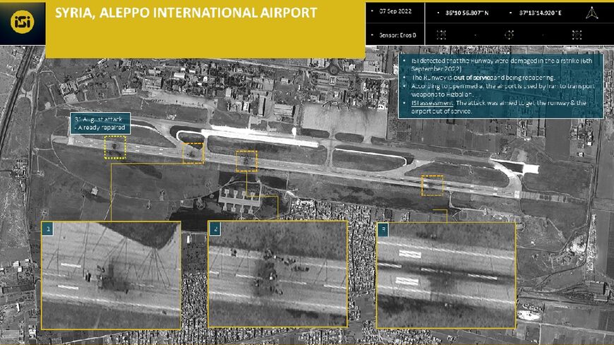 A satellite image released by ImageSat International shows damage to the runway of Syria's Aleppo airport from an Israeli air strike earlier this week