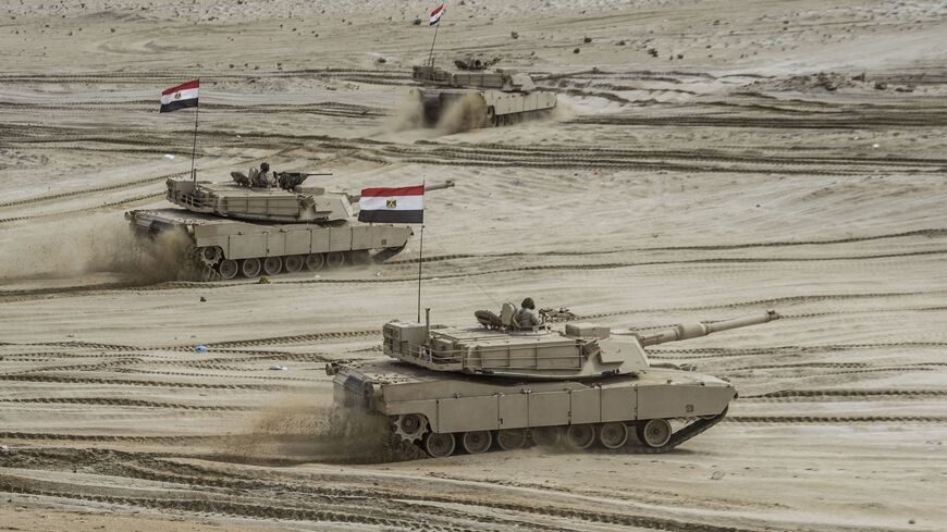 Egyptian tanks take part in the Arab Shield joint military exercises at Mohamed Naguib military base in El-Hamam near the Mediterranean coast, about 240 kilometres northwest of the capital Cairo on Nov. 15, 2018. 