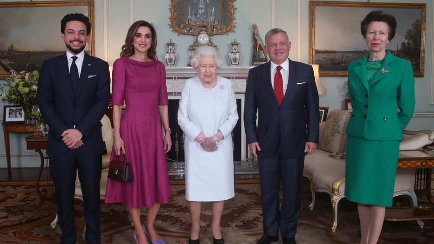 Queen Elizabeth II with (L-R) Crown Prince Hussein of Jordan, Queen Rania of Jordan, King Abdullah II of Jordan and Princess Anne.