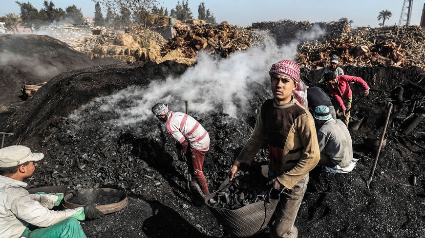 Egyptian laborers work at a charcoal factory in Sharkia governorate in the fertile Delta, north of Cairo, Egypt,  Jan. 29, 2020. 