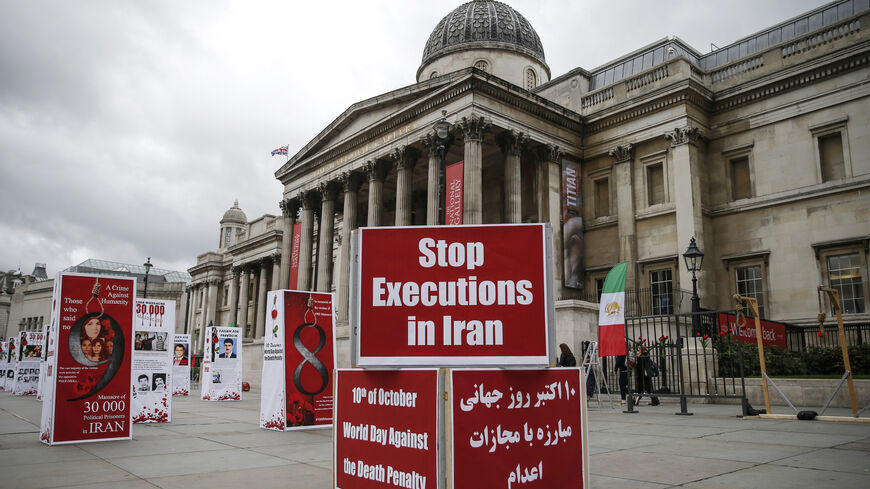 An exhibition calling for an end to executions in Iran on Trafalgar Square on October 10, 2020, in London, England. 