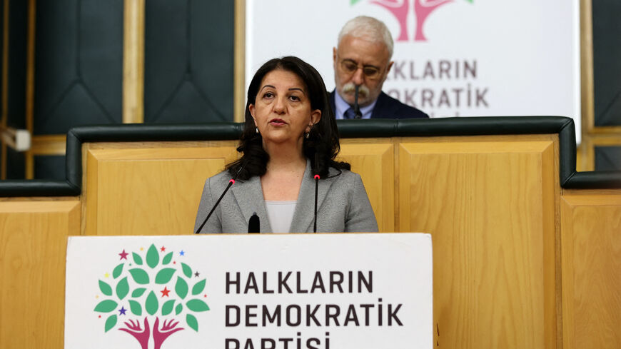 Co-leader of the Peoples' Democratic Party (HDP) Pervin Buldan delivers a speech during the party's meeting at the Turkish Grand National Assembly in Ankara on April 26, 2022. 
