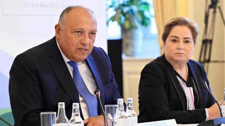 Egyptian Minister of Foreign Affairs and upcoming COP27 Chairman Sameh Shoukry (L) and Mexico's Patricia Espinosa Cantellano, current executive secretary of the United Nations Framework Convention on Climate Change, hold a press conference after the May Ministerial - World Climate Leaders Meeting, Copenhagen, Denmark, May 13, 2022.