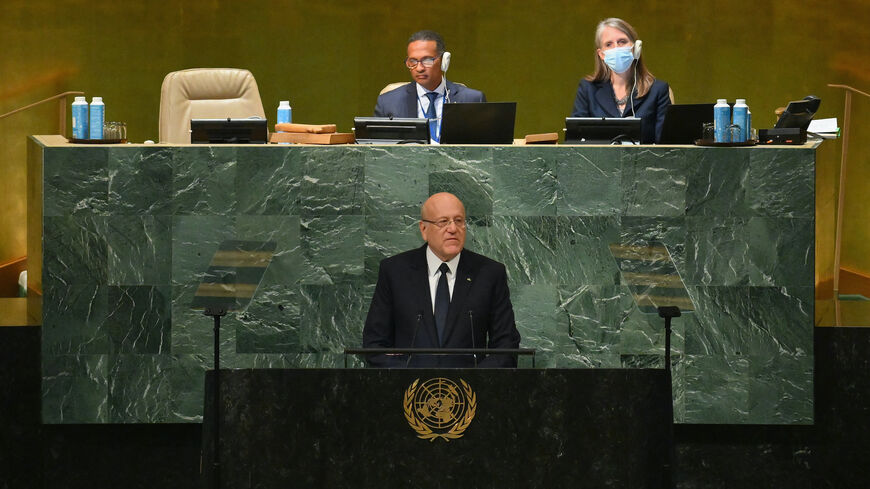 Lebanons caretaker Prime Minister Najib Mikati addresses the 77th session of the United Nations General Assembly at the UN headquarters in New York City on Sept. 21, 2022. 
