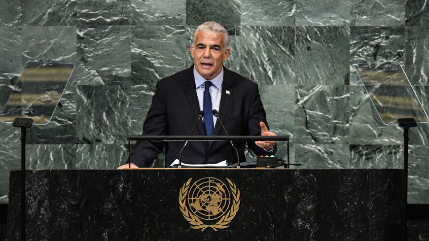 Israeli Prime Minister Yair Lapid gives a speech during the 77th session of the United Nations General Assembly at UN headquarters, New York, Sept. 22, 2022.