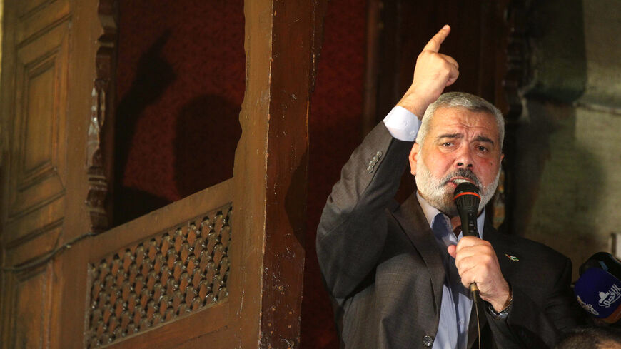 Hamas leader Ismail Haniyeh delivers a speech after Friday prayers at Al-Azhar Mosqu, where he hailed the "heroic" Syrian struggle for democracy, Cairo, Egypt, Feb. 24, 2012.