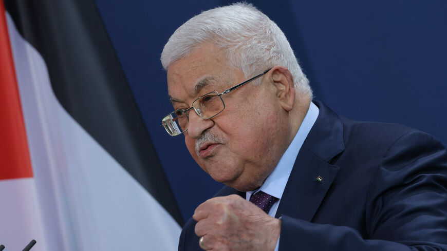 President of the Palestinian National Authority Mahmoud Abbas speaks to the media with German Chancellor Olaf Scholz (not pictured), following talks at the Chancellery, Berlin, Germany, Aug. 16, 2022.