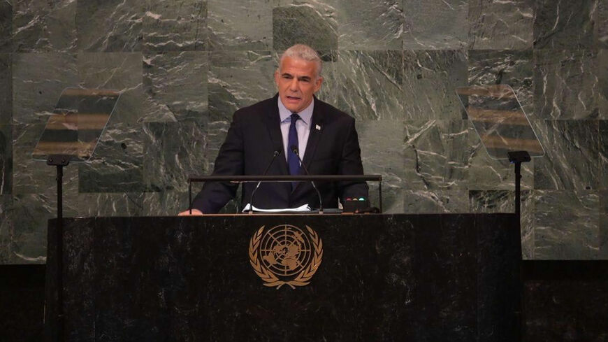 Israeli Prime Minister Yair Lapid gives a speech during the 77th session of the United Nations General Assembly at UN headquarters, New York, Sept. 22, 2022.