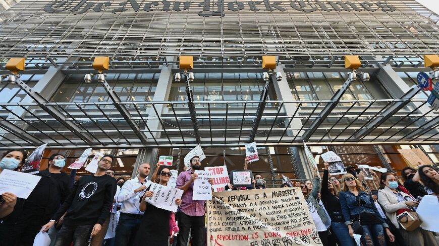 Activists demonstrated outside The New York Times building in New York City on September 27, 2022, accusing the paper of bias in coverage of protests in Iran