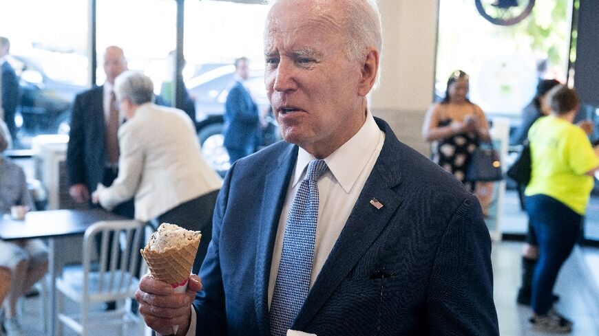 US President Joe Biden speaks to the press as he stops for ice cream in Portland, Oregon