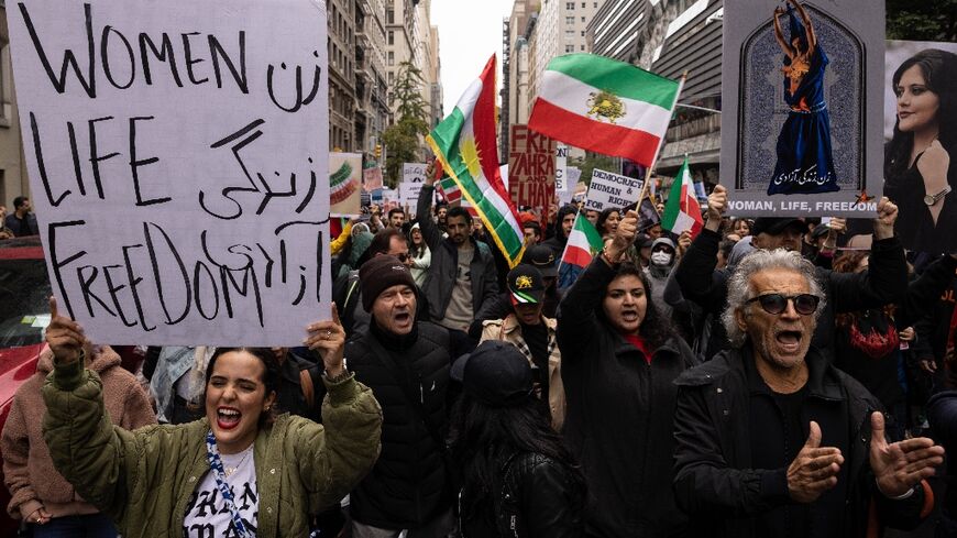 Activists demonstrate against the Iranian regime in October 2022 in New York, following the death of Mahsa Amini in the custody of the Islamic republic's notorious morality police