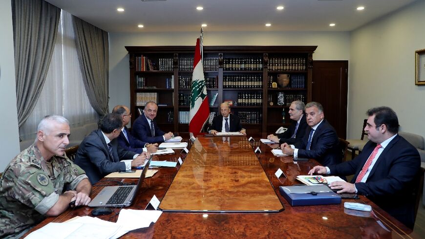 Lebanon's President Michel Aoun heads a technical meeting to discuss the demarcation of the maritime borders with Israe, seen in this October 3 photograph provided by the Lebanese photo agency Dalati and Nohra
