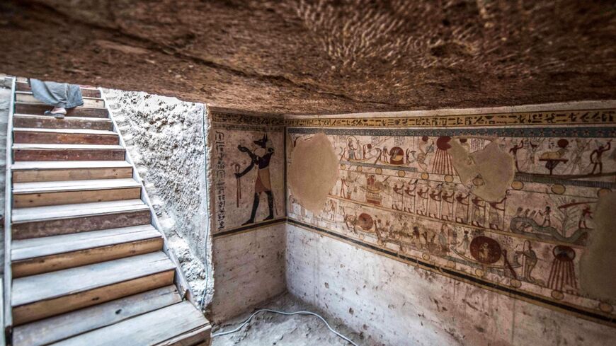 This picture taken on April 5, 2019 shows a view of the entrance inside a newly-discovered tomb dating to the Ptolemaic era (323-30 BC) at the Diabat necropolis near the city of Akhmim in Egypt's southern Sohag province, about 500 kilometres south of the capital Cairo. (Photo by Khaled DESOUKI / AFP) (Photo credit should read KHALED DESOUKI/AFP via Getty Images)