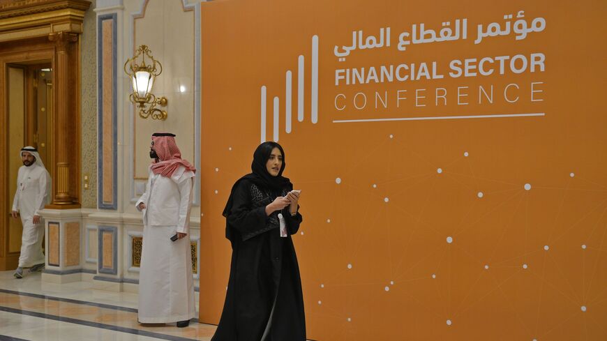 Saudi staff are pictured where the Financial Sector Conference was held in Riyadh on April 24, 2019.