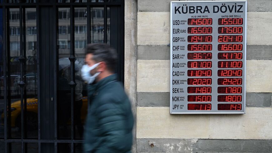 A man walks in front of a screen showing rates against Turkish lira near a currency exchange agency at Kaarakoy in Istanbul on Dec. 16, 2021 in Istanbul. 