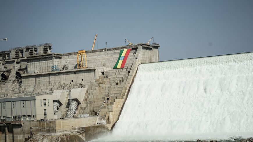 An Ethiopian national flag is seen at the Grand Ethiopian Renaissance Dam (GERD) in Guba, Ethiopia, on Feb. 19, 2022.