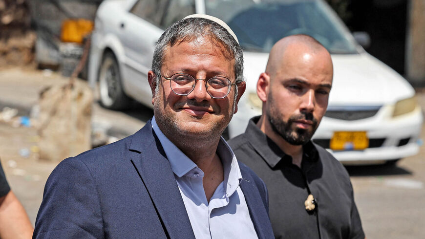 Itamar Ben-Gvir (L), Israeli far-right lawmaker and leader of the Jewish Power party, arrives with other Israeli right-wing activists at the archaeological and religious site of the Tomb of Samuel in Nabi Samuel village, between Ramallah and Jerusalem, West Bank, Sept. 2, 2022. 