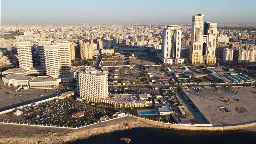 This aerial photograph shows high-rise buildings in the Libyan capital, Tripoli, on Sept. 16, 2022.