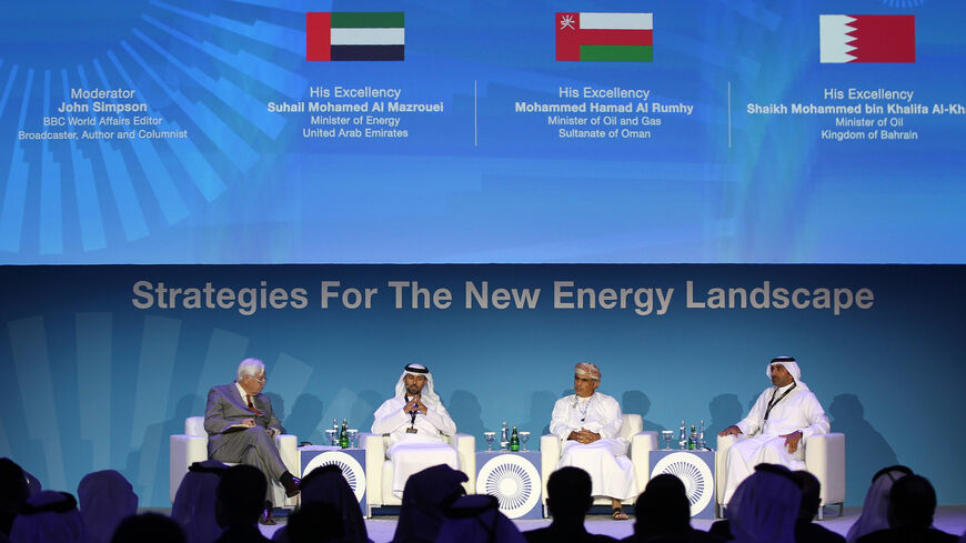 (From L to R) Moderator Joha Simpson, BBC world affairs editor broadcaster, author and columnist, UAE Energy Minister Suhail Al Mazrouei, Omani Oil and Gas Minister Mohamed Al Rumhi and Bahrain's Oil and Gas Affairs Minister Mohammed Bin Khalifa Al Khalifa sit on a panel during the Abu Dhabi International Petroleum Exhibition and Conference), Abu Dhabi, Emirates, Nov. 7, 2016.
