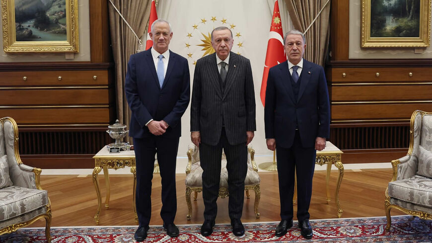 Israeli Defense Minister Benny Gantz (L) with Turkish President Recep Tayyip Erdogan (C) and Defense Minister Hulusi Akar (R), Presidential Palace, Ankara, Turkey, Oct. 27 2022.