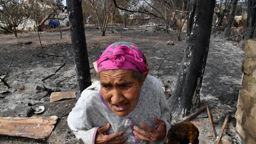 An elderly Algerian woman outside her home, destroyed in a wildfire in the city of el-Kala in August last year