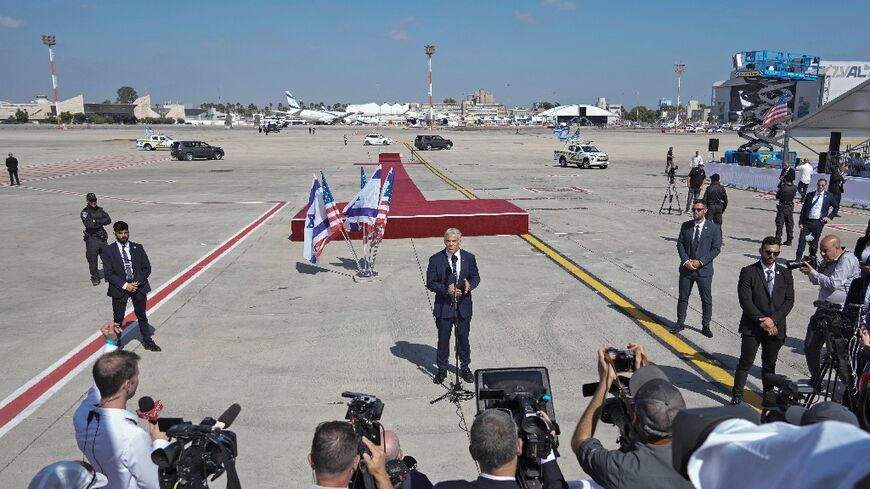 Israeli caretaker Prime Minister Yair Lapid at Ben Gurion Airport on July 15, 2022
