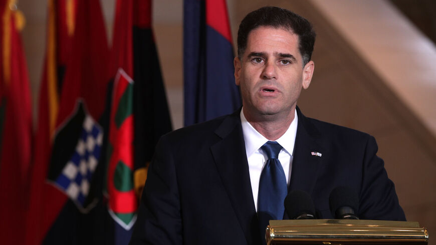 Israeli Ambassador to the US Ron Dermer speaks during the annual Days of Remembrance event at the Emancipation Hall in the US Capitol, Washington, April 29, 2019.