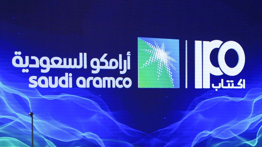 A picture taken on Nov. 3, 2019, shows a sign of Saudi Aramco's initial public offering.