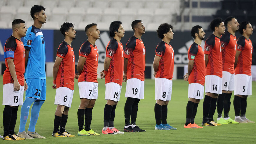 Yemen's national soccer team sing the national anthem ahead of the 2021 FIFA Arab Cup qualifier match between Mauritania and Yemen at Jassim Bin Hamad Stadium, Doha, Qatar, June 22, 2021.