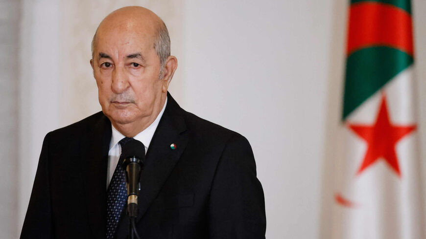 Algeria's President Abdelmadjid Tebboune delivers a speech during a signing ceremony in the pavilion of honor at Algiers airport, Algiers, Algeria, Aug. 27, 2022.