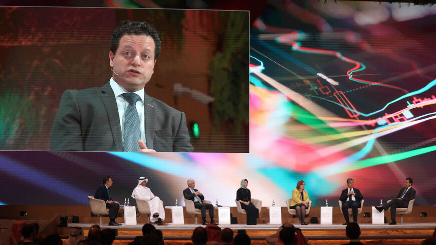 Samer Haj Yehia (screen), chairman of Israel's Bank Leumi, attends a panel on the third day of the annual Future Investment Initiative conference, Riyadh, Saudi Arabia, Oct. 27, 2022.