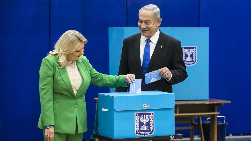 Former Israeli Prime Minister and Likud party leader Benjamin Netanyahu and his wife Sara Netanyahu cast their vote in the Israeli general election on November 1, 2022 in UNSPECIFIED, Israel. Israelis return to the polls on November 1 for a fifth general election in four years to vote for a new Knesset, the 120-seat parliament. (Photo by Amir Levy/Getty Images)