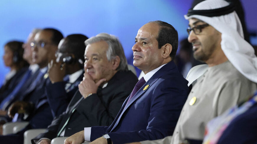 United Nations Secretary-General Antonio Guterres (C), Egypt's President Abdel Fattah al-Sisi (2nd R) and UAE's President Sheikh Mohamed bin Zayed Al Nahyan (R) attend the leaders summit on the second day of the COP27 climate conference, Sharm el-Sheikh International Convention Center, Sharm el-Sheikh, Egypt, Nov. 7, 2022.