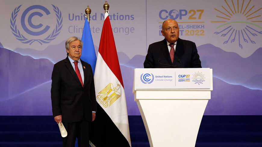 Egypt's Foreign Minister Sameh Shoukry (R) speaks as UN Secretary-General Antonio Guterres listens at a press conference during the COP27 climate conference, Sharm el-Sheikh, Egypt, Nov. 17, 2022.