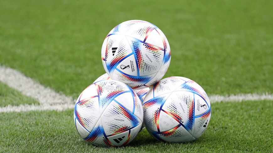 A detailed view of the adidas ‘Al-Rihla’ official soccer ball on the pitch prior to the FIFA World Cup Qatar 2022 Group A match between Ecuador and Senegal at Khalifa International Stadium, Doha, Qatar, Nov. 29, 2022.
