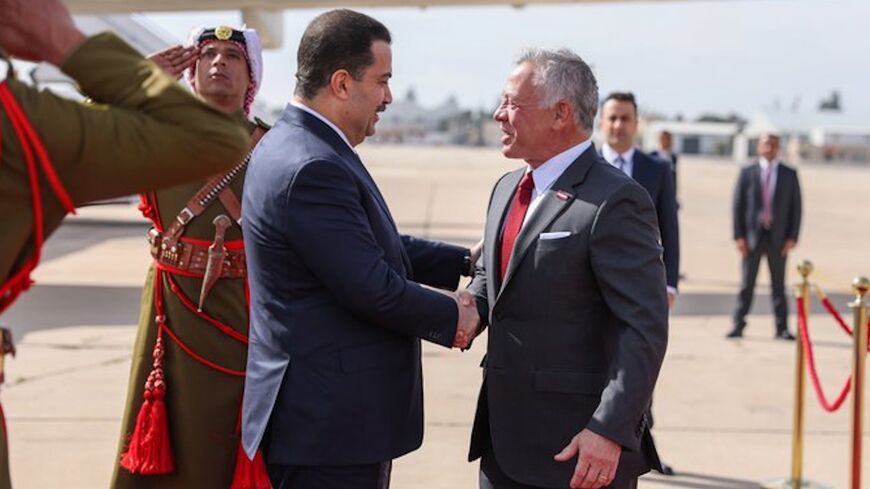 His Majesty King Abdullah II, accompanied by His Royal Highness Crown Prince Al Hussein, receives Iraq Prime Minister Mohamed Shia Al Sudani at Marka Military Airport 