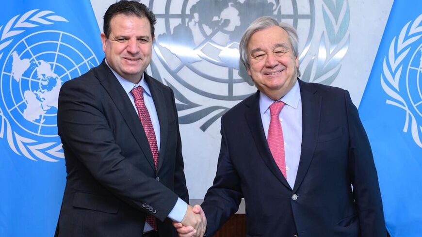 Joint List Party leader Ayman Odeh meets with UN Secretary General Antonio Guterres in New York on Dec. 9, 2022. 
