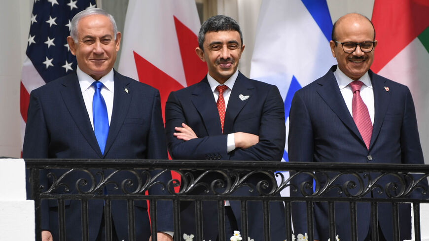 (L-R) Israeli Prime Minister Benjamin Netanyahu, UAE Foreign Minister Abdullah bin Zayed Al Nahyan and Bahrain Foreign Minister Abdullatif Al Zayani pose before they participate in the signing of the Abraham Accords, on the South Lawn of the White House, Washington, Sept. 15, 2020.