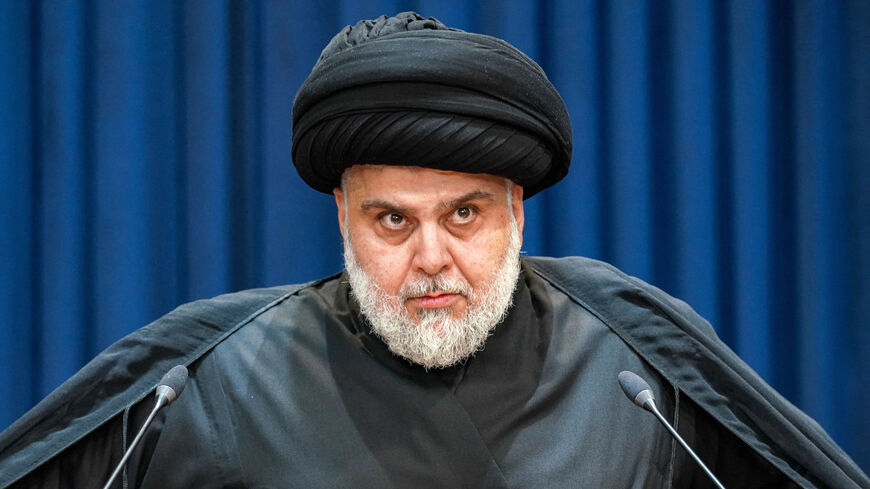 Shiite Muslim cleric Muqtada al-Sadr gives a speech in the central holy shrine city of Najaf, Iraq, Aug. 30, 2022.