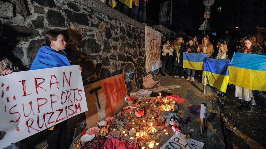 People demonstrate outside the Iranian Embassy in Ukraine on Oct. 17, 2022, in Kyiv.